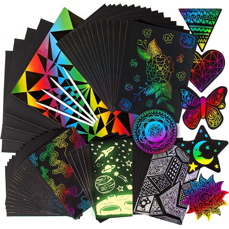 Horizon Group USA Scratch Art 60 Pieces Variety Pack. Glow in The Dark Holographic Rainbow & Die Cut Sheets. 4 Scratching Too...