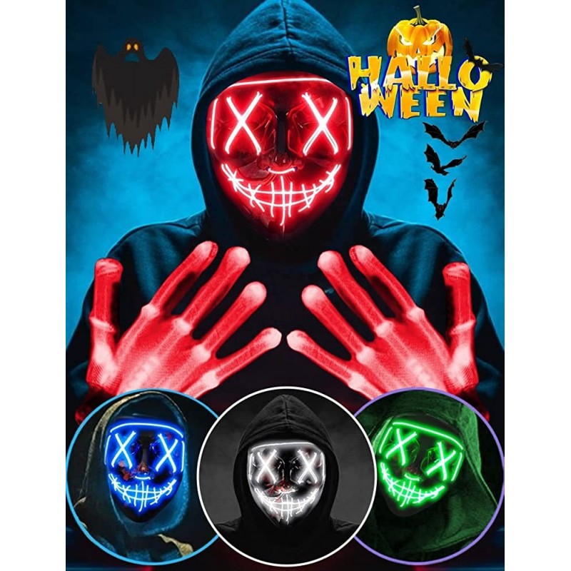 Halloween Mask LED Light Up Purge Mask with LED Gloves Scary Glow Mask Costume with El Wire for Men Women Kids Halloween Fest...