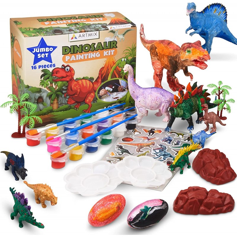 Dinosaur Painting Kit - 16 Piece Set Won’t Run Out of Paint - Bring Dino Love to Life Arts and Crafts Kit for Kids Painting T...