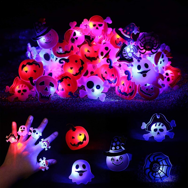 60 Pieces Halloween Party Favors LED Flash Rings Decorations Supplies Flash Finger Rubber Rings Multishape Pumpkin Skeleton S...