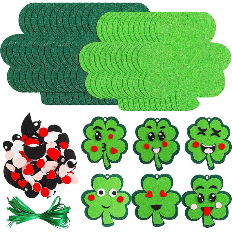 24 Pieces St Patricks Day Crafts Shamrock Cutouts Felt Lucky Shamrock Ornament Craft with Cute Facial Expression Stickers Sai...