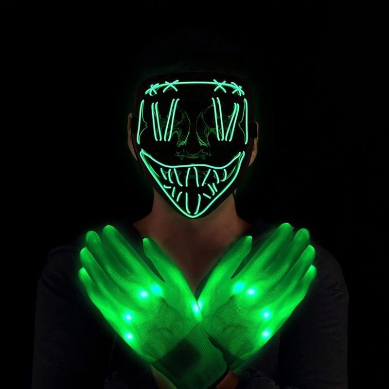 Halloween Purge Mask Light Up Mask and LED Gloves Led EL Wire Horror Mask Creepy Cosplay Costume for Halloween Festival Masqu...