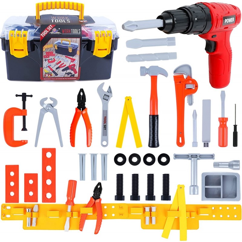 Kids Tool Toy Set Toddler Pretend Play Tool kit with Electronic Cordless Drill Hammer Pliers Planer and Tool Accessories STEM...