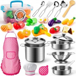 26PCS Play Kitchen Accessories Kitchen Pretend Play Cooking Toys w/ Stainless Steel Cookware Apron & Chef Hat Pots and Pans S...