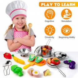 26PCS Play Kitchen Accessories Kitchen Pretend Play Cooking Toys w/ Stainless Steel Cookware Apron & Chef Hat Pots and Pans S...