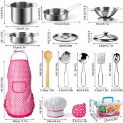 26PCS Play Kitchen Accessories Kitchen Pretend Play Cooking Toys w/ Stainless Steel Cookware Apron & Chef Hat Pots and Pans S...