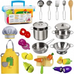 Play Kitchen Accessories Wooden Play Food Cooking Set with Stainless Steel Cookware Pots and Pans Utensils Apron Chef Hat ​Cu...