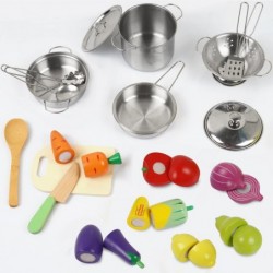 Play Kitchen Accessories Wooden Play Food Cooking Set with Stainless Steel Cookware Pots and Pans Utensils Apron Chef Hat ​Cu...