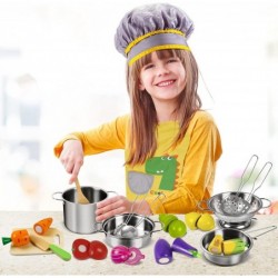 Play Kitchen Accessories Wooden Play Food Cooking Set with Stainless Steel Cookware Pots and Pans Utensils Apron Chef Hat ​Cu...