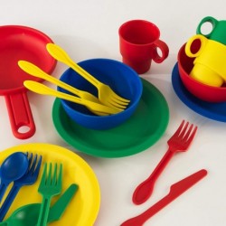 27-Piece Primary Colored Cookware Set Plastic Dishes and Utensils for Play Kitchens Gift for Ages 18 mo+ $26.65 Toy Kitchen P...