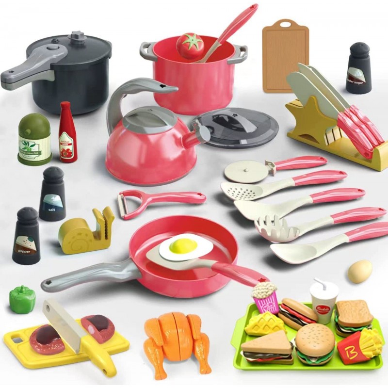 66Pcs Kids Kitchen Toy Accessories Toddler Pretend Cooking Playset Cookware Canned Toy Vegetables Cut Play Food Set Burgers a...