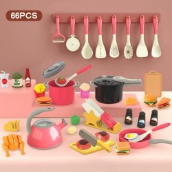 66Pcs Kids Kitchen Toy Accessories Toddler Pretend Cooking Playset Cookware Canned Toy Vegetables Cut Play Food Set Burgers a...