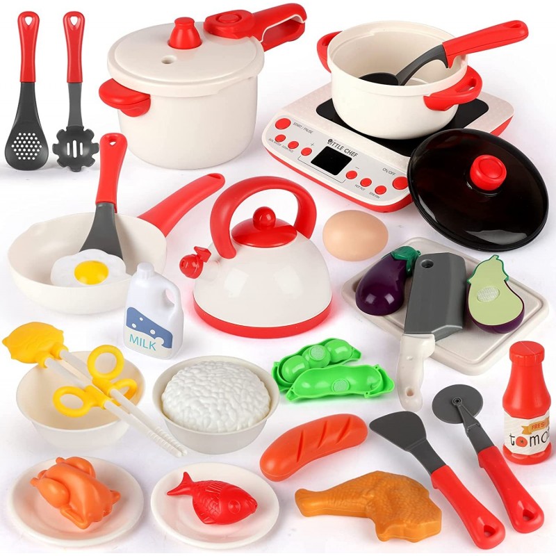 Kitchen Set for Kids Toddlers Pretend Play Kitchen Toys with Electronic Induction Cooktop Steam Pressure Pot Cookware Cutting...