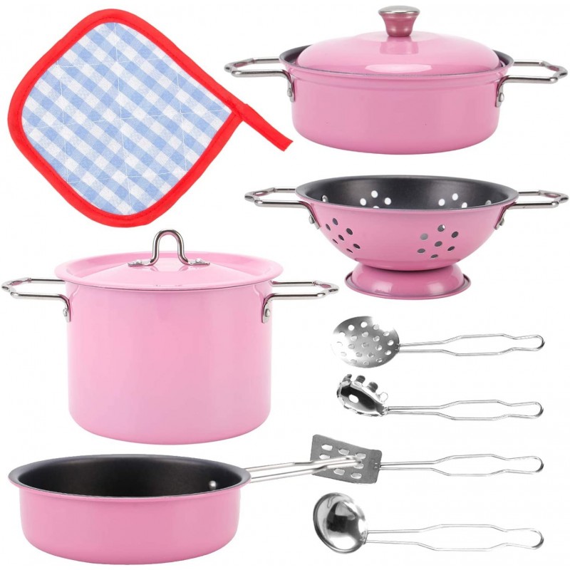 Kids Play Kitchen Toys Pretend Cooking Pink Stainless Steel Pots and Pans Metal Kitchen Set with Utensils (11 Pieces) $44.18 ...