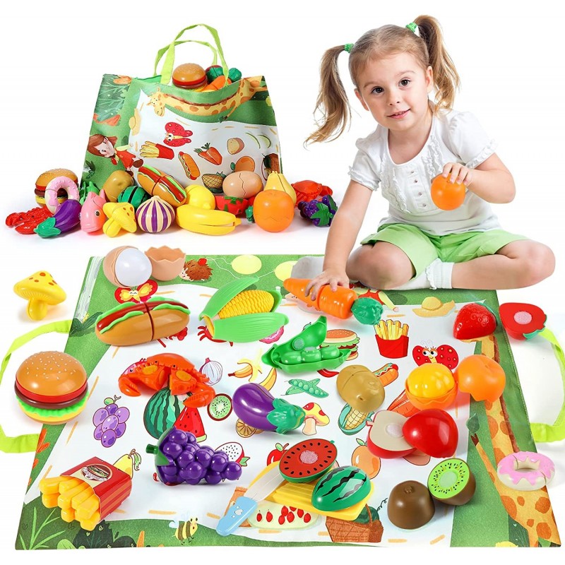 76 PCS Cutting Play Pretend Food with 2 in 1 Storage Bag for Kids Cuttable Fruits and Vegetables Kitchen Toy Accessories Set ...