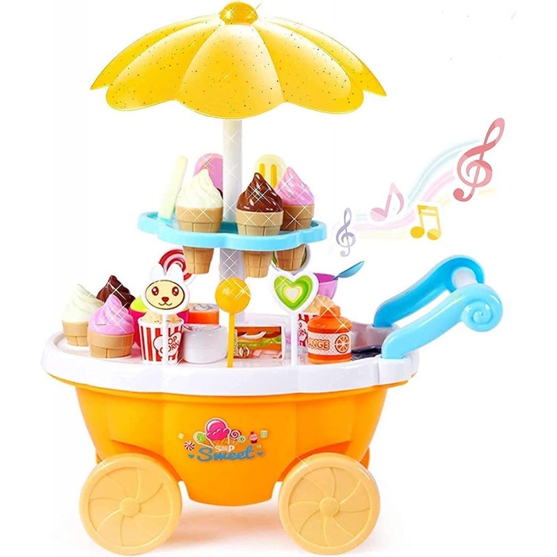 Ice Cream Toy Cart Play Set for Kids - 39-Piece Pretend Play Food - Educational Ice-Cream Trolley Truck with with Music & Lig...