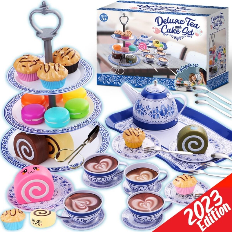 Tea Party Set for Little Girls - Kids Pretend Play Kitchen Toys Sweet Princess Tea Cup Plastic Toys Play Food with Teapot Tra...