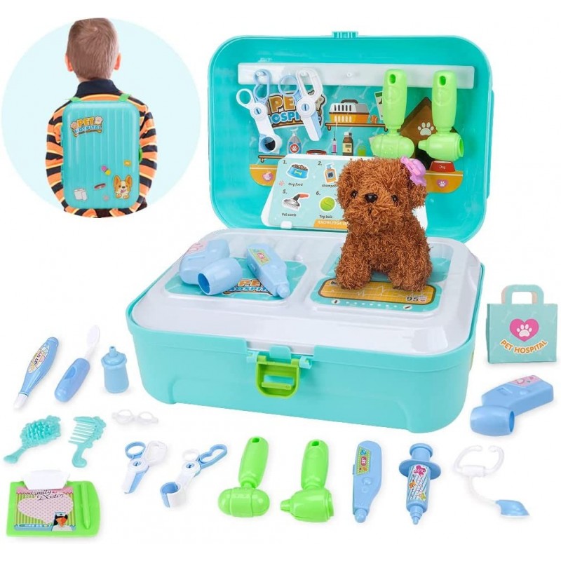 Play Vet Kit for Kids Pretend Pet Doctor Toys 2 in1 Backpack Pet Care and Grooming Veterinarian Medical Role Play for Toddler...