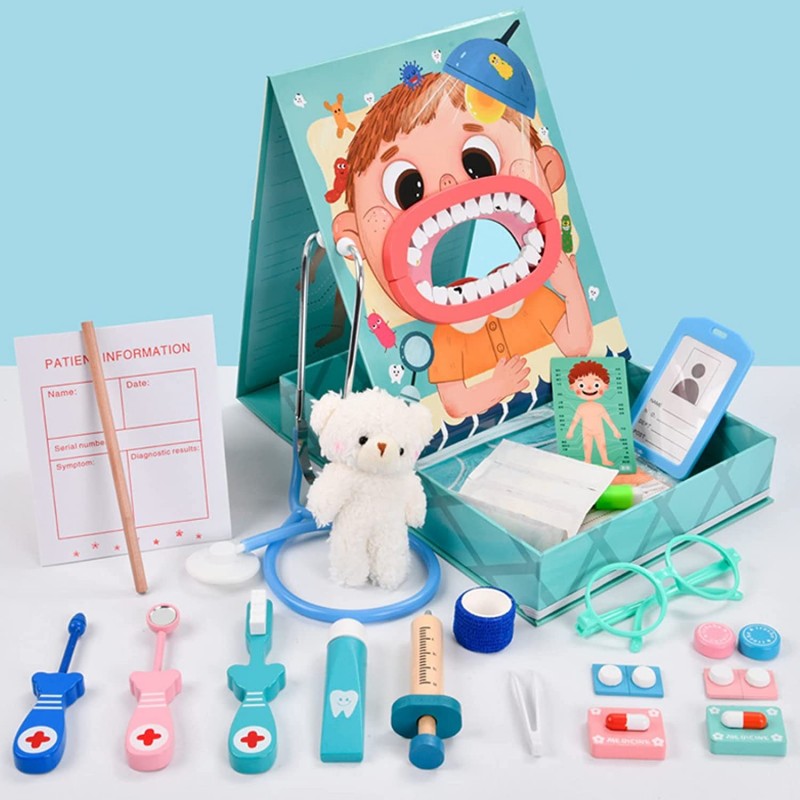 Wooden Dentist Toys for Kids Pretend Play Toy Doctor Dentist Playset Medical Kit Role Play Educational Learning Toys for Todd...