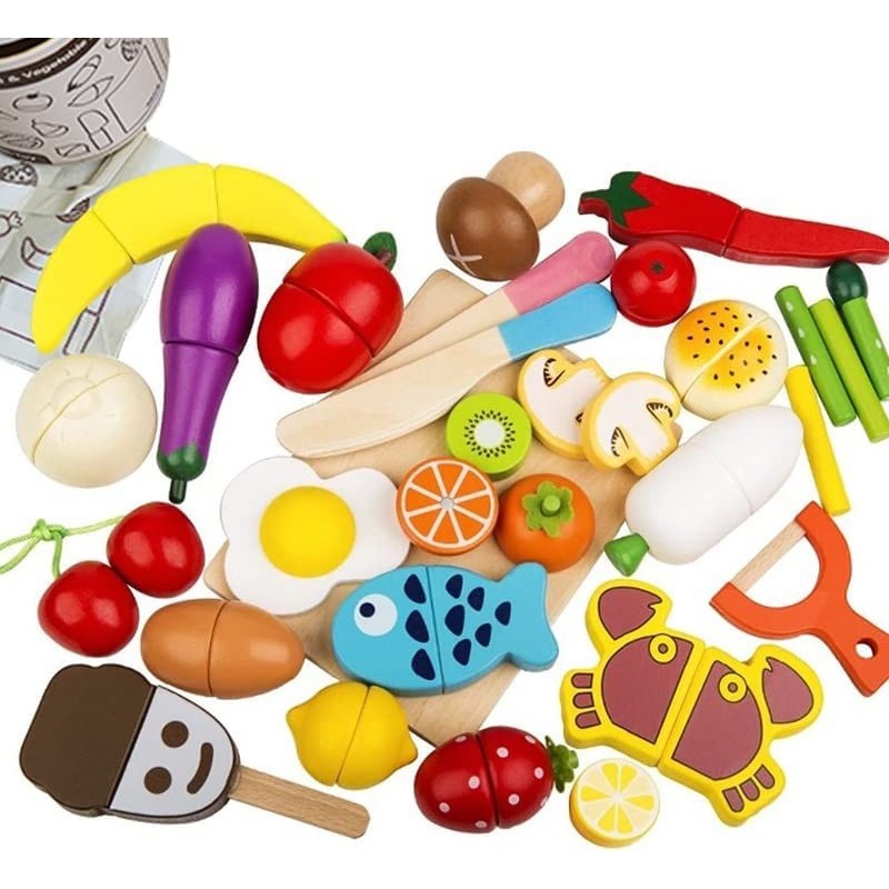 35 PCs Kids Plastic Kitchen Playset Cutting Food Toys Pretend Fruits & Vegetables Accessories with Knife & Storage Box Develo...