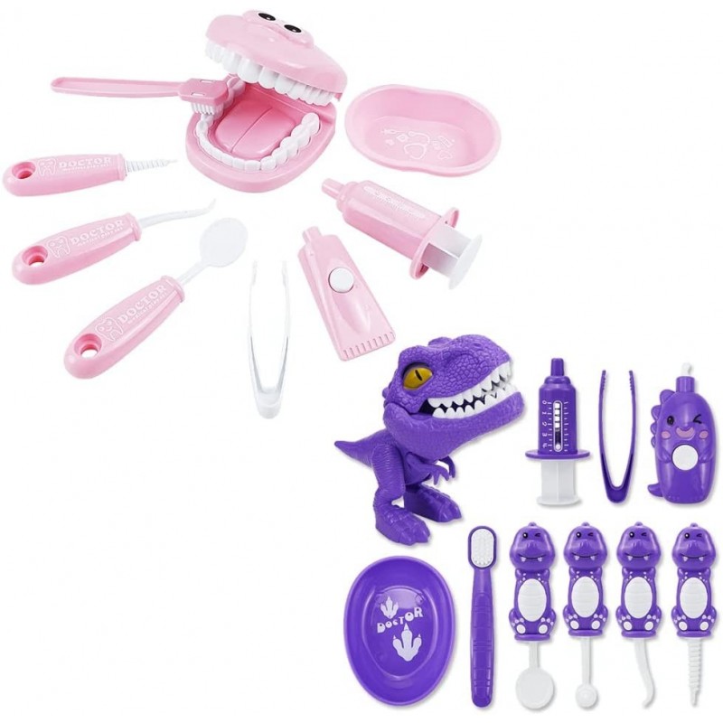 Bundle 19PCS - 9PCS Plastic Simulation Dentist Play Set （Pink） + 10PCS Plastic Dinosaur Simulation Dentist Play Set (Purple) ...