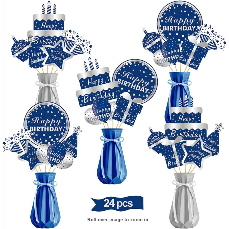 24pcs Happy Birthday Decorations Table Topper for Men Blue Silver Happy Birthday Table Centerpiece Sticks Party Supplies Happ...