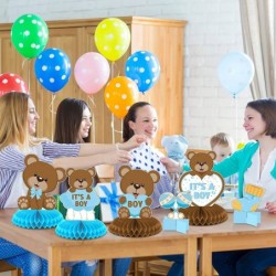 12 Pcs Bear Honeycomb Centerpiece Bear Baby Shower Decor for Blue and Brown Boys Baby Shower Centerpiece for Kids Birthday Pa...