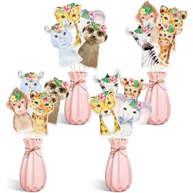 24PCS Floral Safari Animals Centerpiece Sticks Pink Jungle Animals Baby Shower Party Decorations Shaped Cutouts Table Toppers...