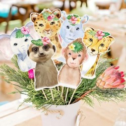 24PCS Floral Safari Animals Centerpiece Sticks Pink Jungle Animals Baby Shower Party Decorations Shaped Cutouts Table Toppers...