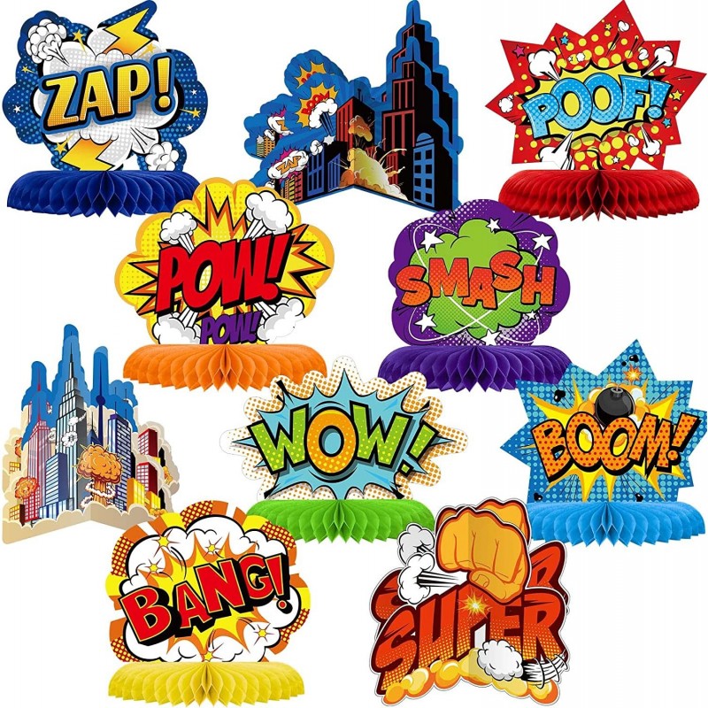 10 Pieces Hero Themed Party Decorations Honeycomb Centerpieces Action Sign Table Topper Sign Standing Cards for Birthday Part...