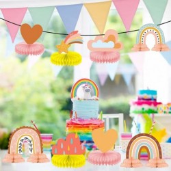 9 Pieces Boho Rainbow Party Supplies Rainbow Cloud Honeycomb Centerpieces for Rainbow Birthday Party Decorations Colorful Can...