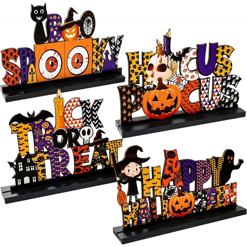 4 Pieces Halloween Table Decorations Happy Halloween Table Centerpiece Boo Spooky Wooden Centerpiece Sign Trick or Treat Tabl...