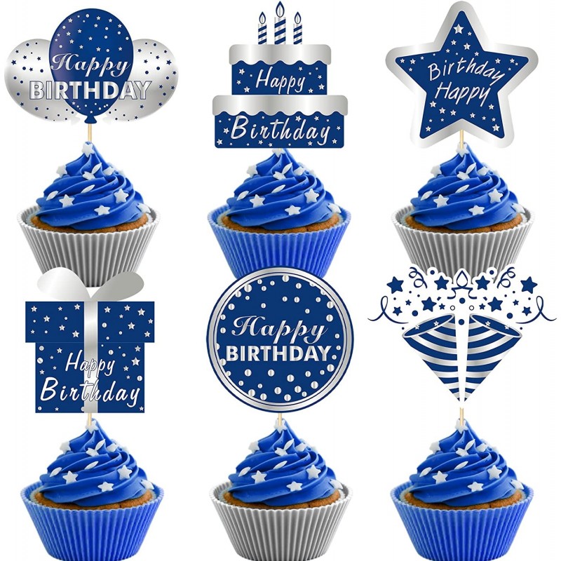 36Pcs Happy Birthday Cake Toppers Decorations for Men Boys Blue Silver Birthday Cupcake Topper Sign Decor 10th 13th 16th 18th...