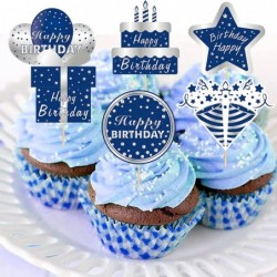 36Pcs Happy Birthday Cake Toppers Decorations for Men Boys Blue Silver Birthday Cupcake Topper Sign Decor 10th 13th 16th 18th...