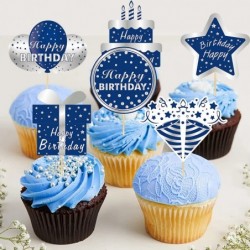 36Pcs Happy Birthday Cake Toppers Decorations for Men Boys Blue Silver Birthday Cupcake Topper Sign Decor 10th 13th 16th 18th...