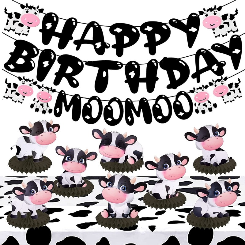 Cow Birthday Party Decoration Cow Theme Birthday Banner Table Honeycomb Centerpieces Cow Print Tablecloth for Farm Barnyard B...