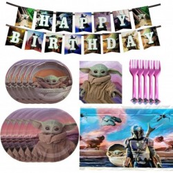 Baby Yoda Birthday Party Supplies Set Baby Yoda Theme Party Decoration includes Happy Birthday Banner Plates Forks Tablecover...