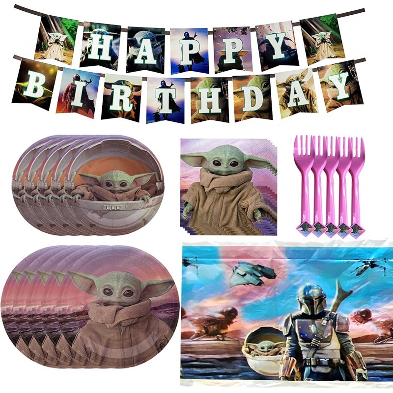 Baby Yoda Birthday Party Supplies Set Baby Yoda Theme Party Decoration includes Happy Birthday Banner Plates Forks Tablecover...