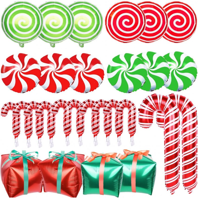 30Pcs Christmas Balloons Decoration Set Candy Cane Gift Box Mylar Foil Balloons for Christmas New Year Candies Xmas Theme Par...