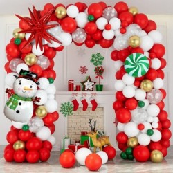 Christmas Balloons Garland Arch Kit with Xmas Red Gold White Dark Green Balloon Transparent Snowflake Balloon Candy Explosion...