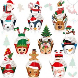 108 Pieces Christmas Cupcake Toppers Wrappers Snowman Santa Claus Reindeer Elf Penguin Gingerbread Christmas Tree Cake Decora...