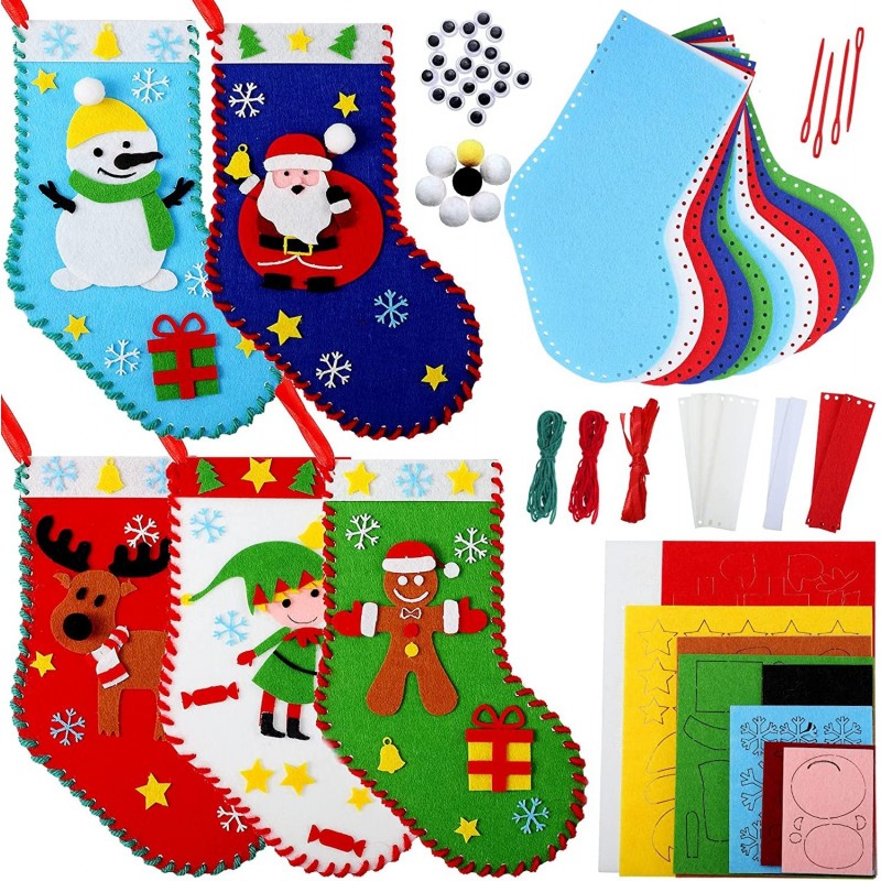 10 Pieces Felt Christmas Craft DIY Christmas Felt Stockings with Ornaments Handmade Sewing Sock Kits for Kids Christmas Prese...