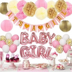 Pink Baby Shower Decorations for Girl with Its a Girl Banner Baby Girl Letter Pink Gold Confetti Balloons Paper Pom Poms for ...