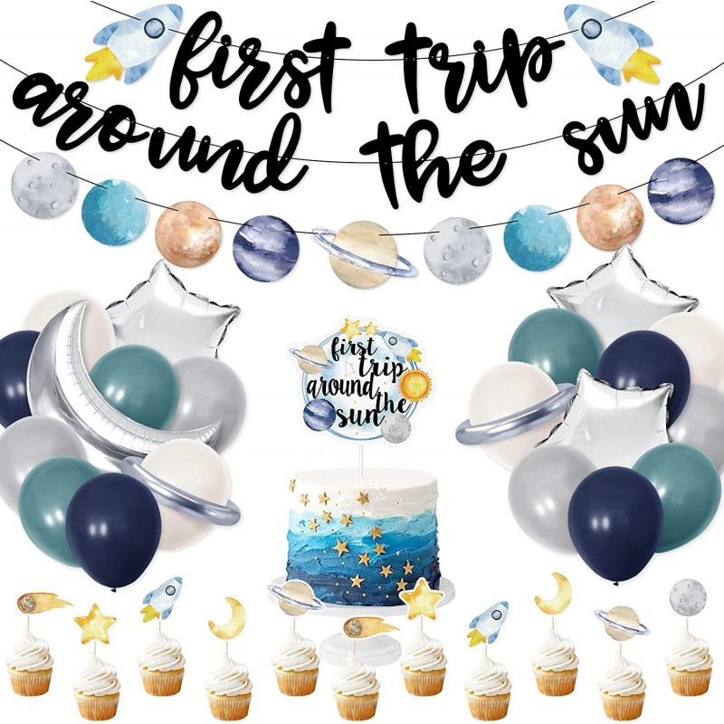 First trip Around the Sun Birthday Decorations -58pcs Outer Space 1st Birthday Banner First Trip Around the Sun Cake Toppers ...