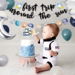 First trip Around the Sun Birthday Decorations -58pcs Outer Space 1st Birthday Banner First Trip Around the Sun Cake Toppers ...