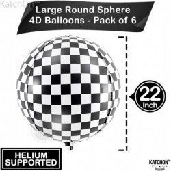 Big Black and White Checkered Balloons - 22 Inch Pack of 6 | Large 360 Degree 4D Round Race Car Balloons for Birthday | Check...