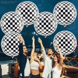 Big Black and White Checkered Balloons - 22 Inch Pack of 6 | Large 360 Degree 4D Round Race Car Balloons for Birthday | Check...