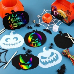 48 Pieces Halloween Scratch Paper Crafts Kit Bulk of Halloween Pumpkins Magic Rainbow Scratch Art for Kids DIY Party Ornament...