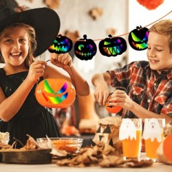 48 Pieces Halloween Scratch Paper Crafts Kit Bulk of Halloween Pumpkins Magic Rainbow Scratch Art for Kids DIY Party Ornament...