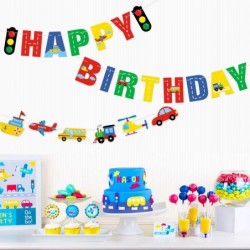 Transportation Happy Birthday Banner Car Bus Train Plane Ship Helicopter Traffic Light Photo Props Garland for Kids Transport...